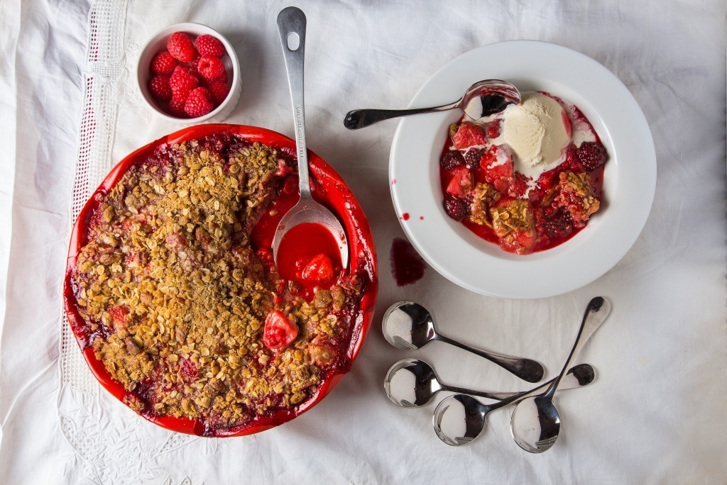 Tri-Berry Crisp with Pecan Topping