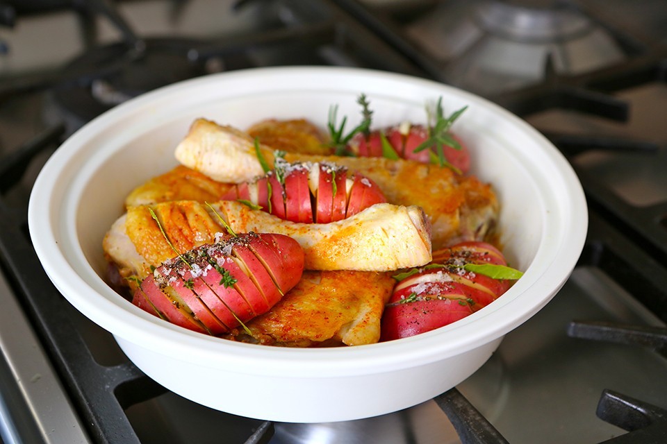 Turmeric chicken, razorback potatoes